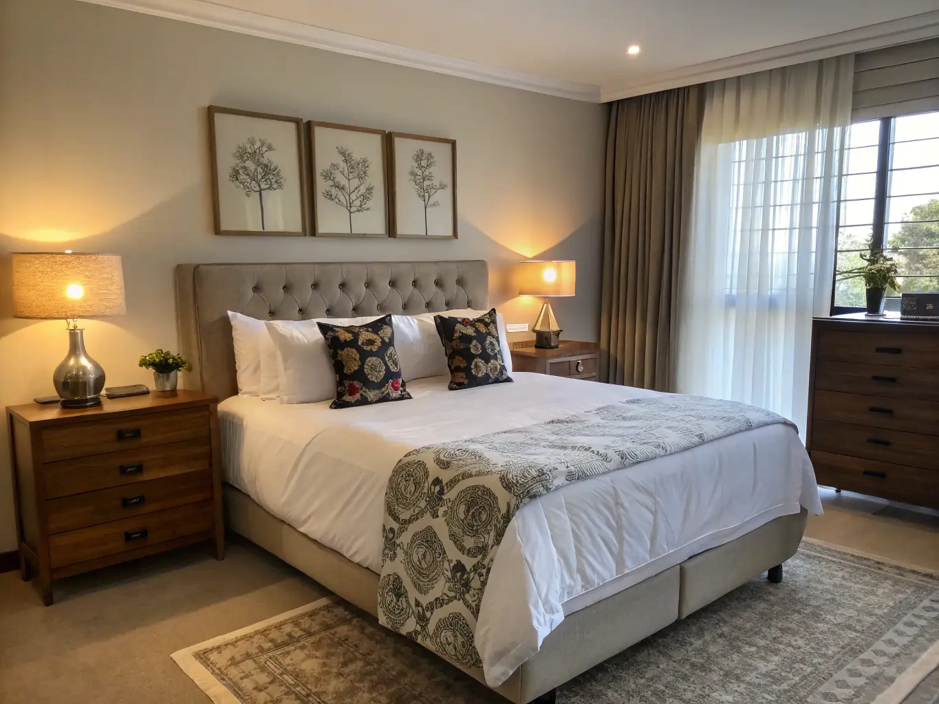 A bright, modern bedroom with a double bed, fresh linens, and a view of the Zarautz coastline. The room includes a wardrobe, bedside table, and reading lamp, showcasing the comfort and style of Alaquiler Zarautz.