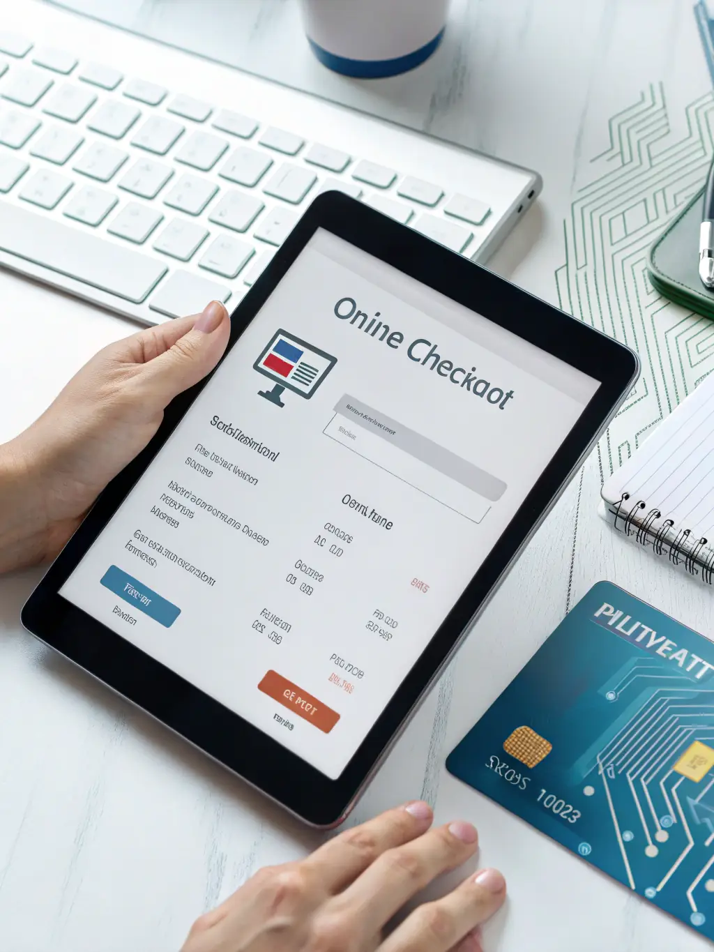 A secure online payment gateway interface displayed on a tablet, showing options for credit card and other digital payment methods for a rental deposit.