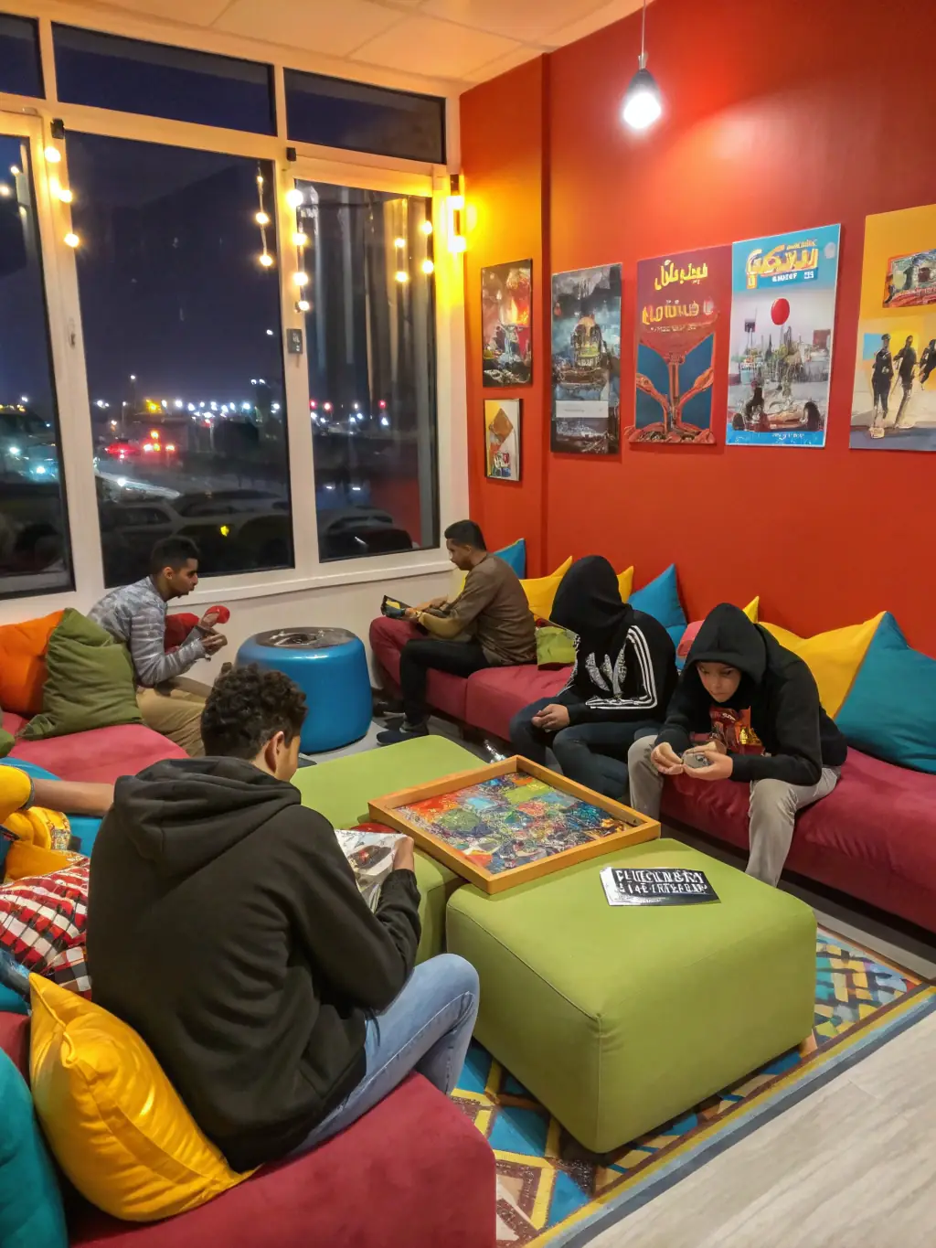 A welcoming common area in Alaquiler Zarautz, showing comfortable seating, a TV, and a bookshelf with a variety of books and games.