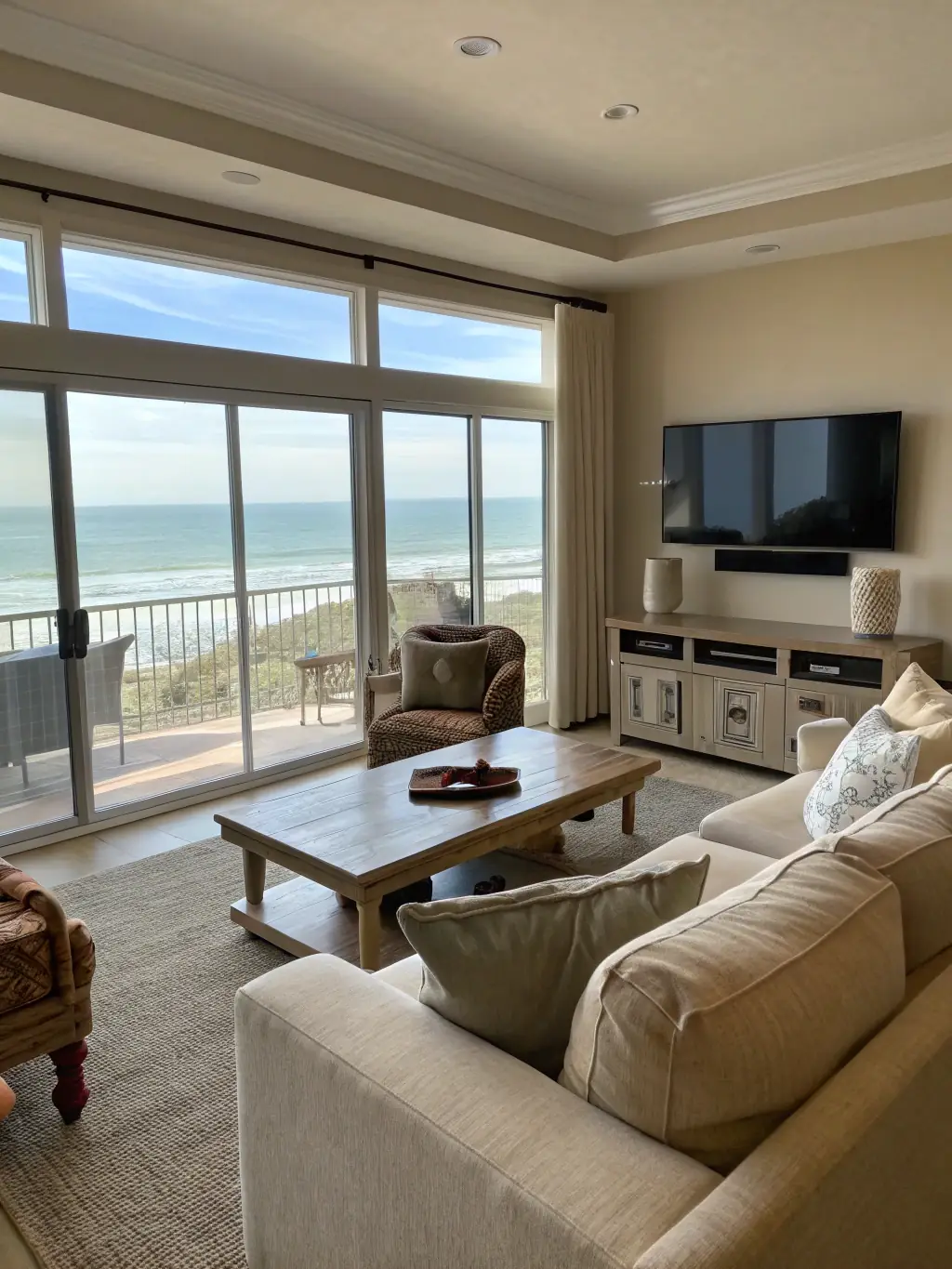 A bright and spacious living area in Alaquiler Zarautz, showing comfortable seating, a coffee table, and large windows allowing natural light to flood the room.